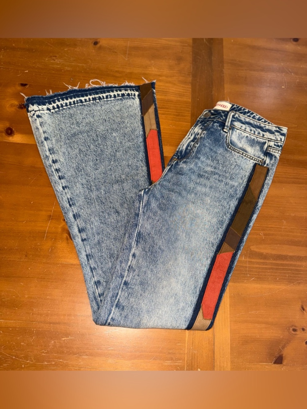 Driftwood Farrah NWOT Aztec Suede Trim Flare Denim Jeans 26/34 Raw Hem Boho Hip
